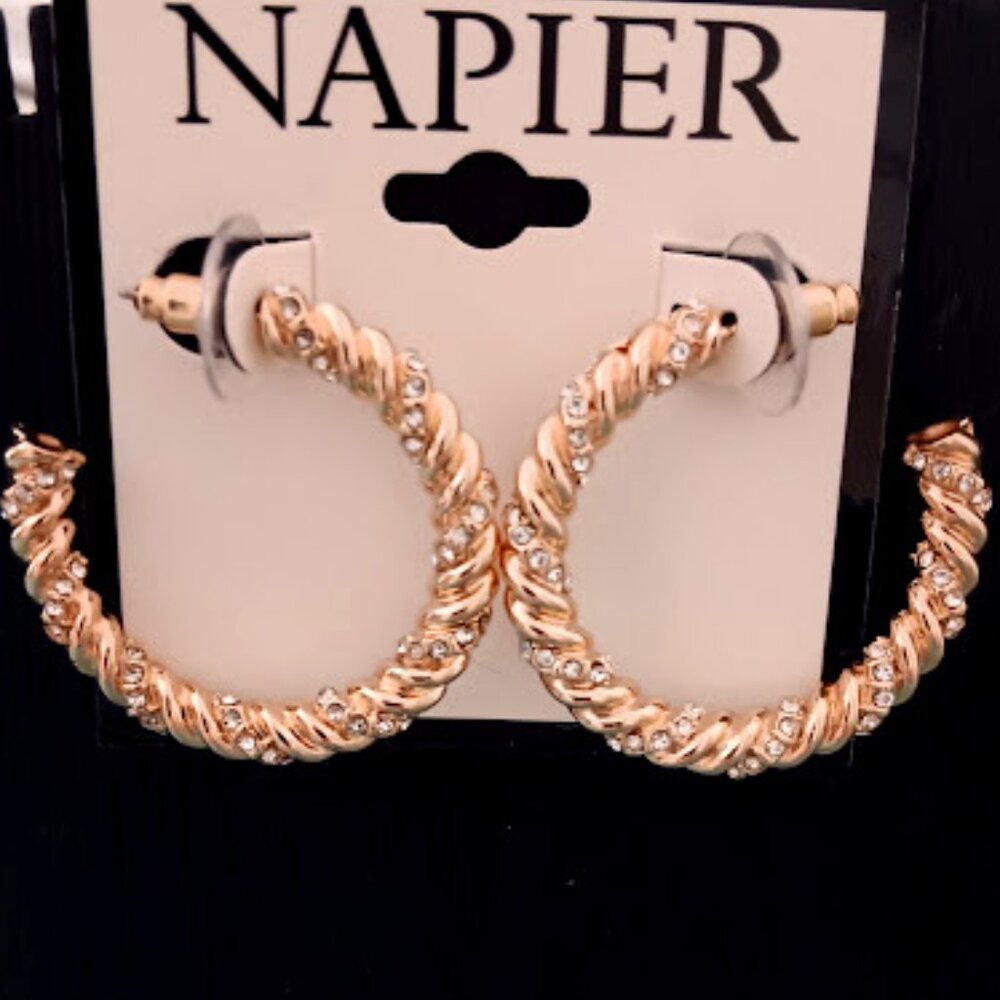 NAPIER Mod/Contemporary Gold Clear Crystal Chunky Rope Hoop Earrings**NEW! - Picture 2 of 3